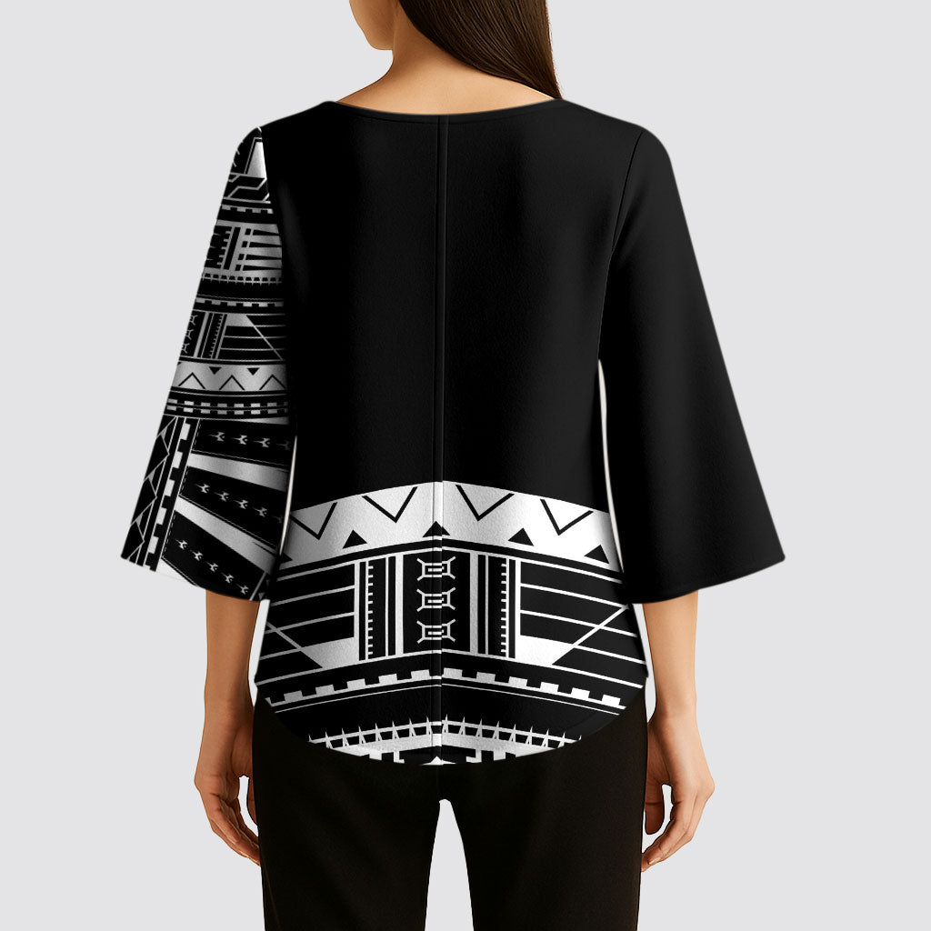 Polynesian Chief Inspired Costume Kimono Sleeve Blouse Tribal Pattern With Tooth Necklace Black