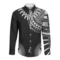 Polynesian Chief Inspired Costume Long Sleeve Button Shirt Tribal Pattern With Tooth Necklace Black