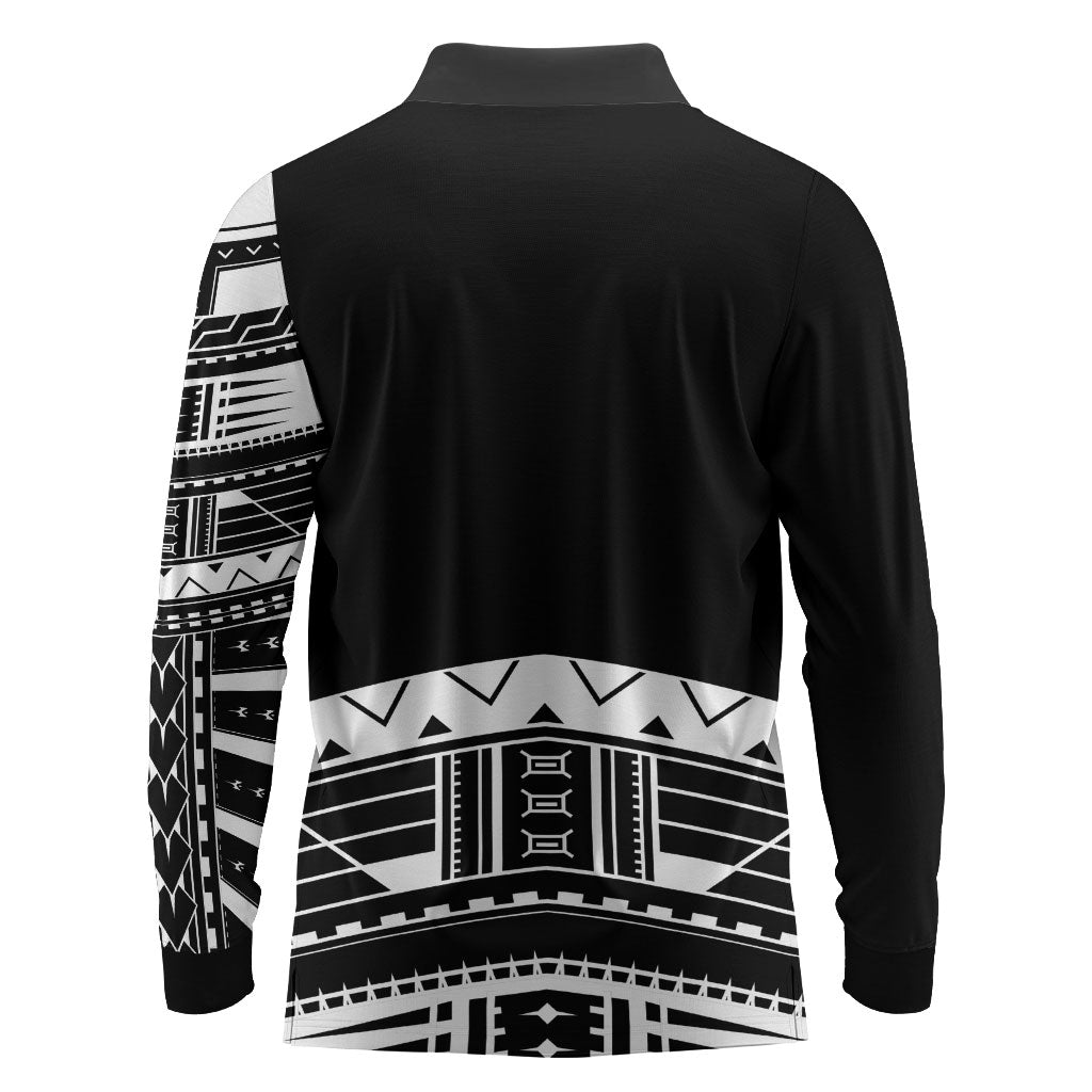 Polynesian Chief Inspired Costume Long Sleeve Polo Shirt Tribal Pattern With Tooth Necklace Black