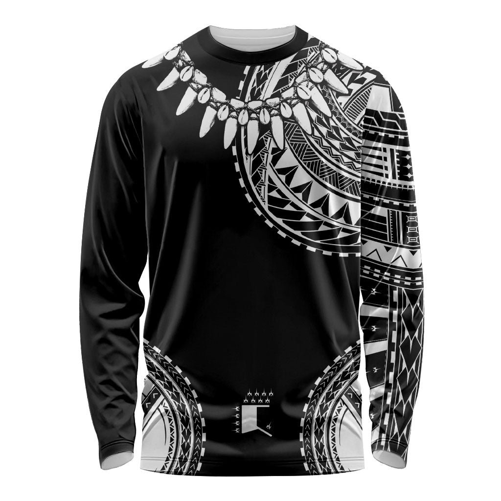 Polynesian Chief Inspired Costume Long Sleeve Shirt Tribal Pattern With Tooth Necklace Black