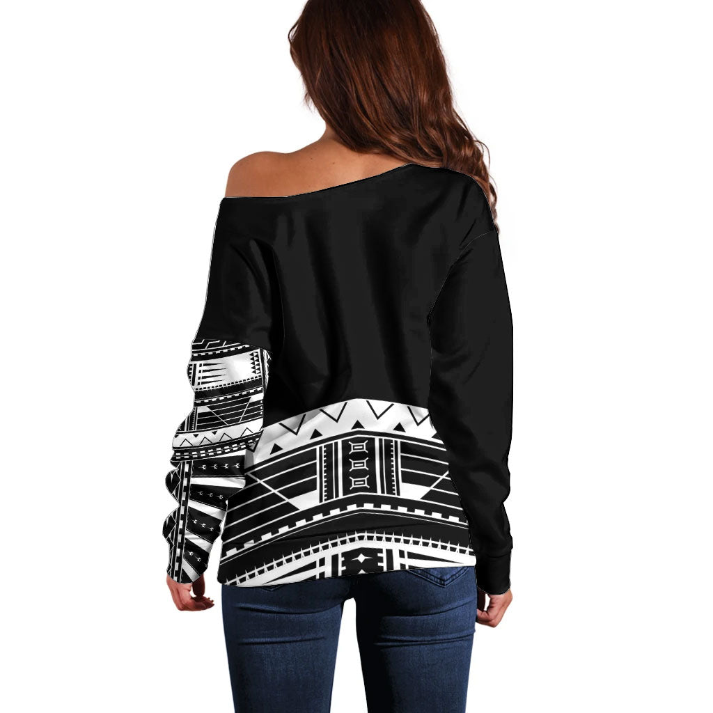 Polynesian Chief Inspired Costume Off Shoulder Sweater Tribal Pattern With Tooth Necklace Black