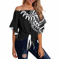 Polynesian Chief Inspired Costume Off Shoulder Wrap Waist Top Tribal Pattern With Tooth Necklace Black