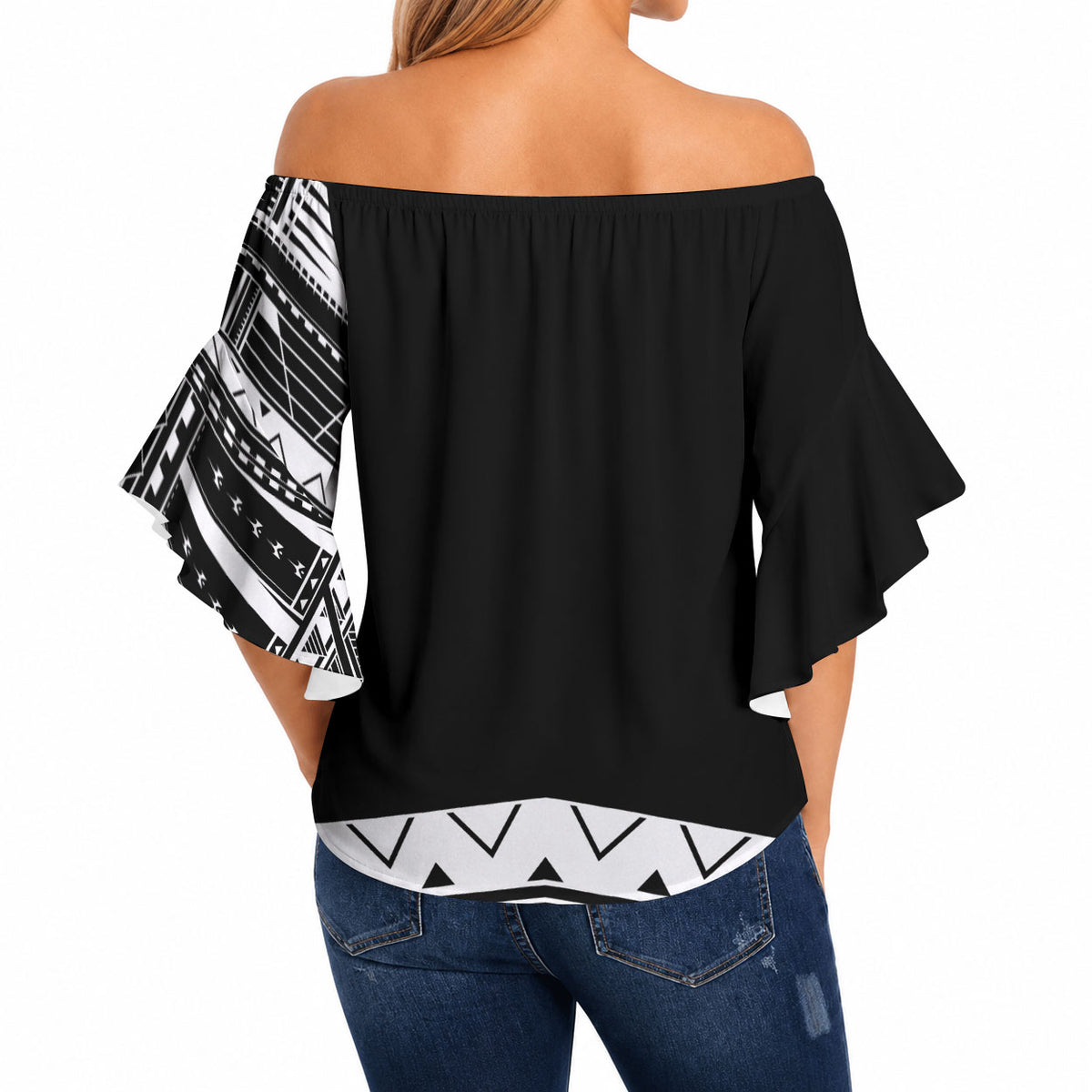 Polynesian Chief Inspired Costume Off Shoulder Wrap Waist Top Tribal Pattern With Tooth Necklace Black