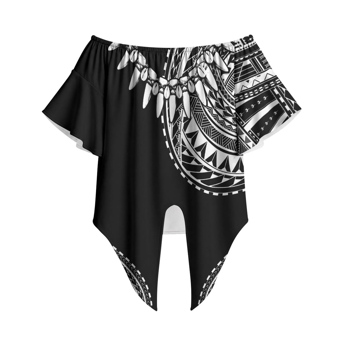 Polynesian Chief Inspired Costume Off Shoulder Wrap Waist Top Tribal Pattern With Tooth Necklace Black