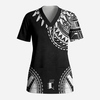 Polynesian Chief Inspired Costume Scrub Top Tribal Pattern With Tooth Necklace Black