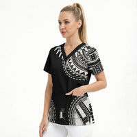 Polynesian Chief Inspired Costume Scrub Top Tribal Pattern With Tooth Necklace Black