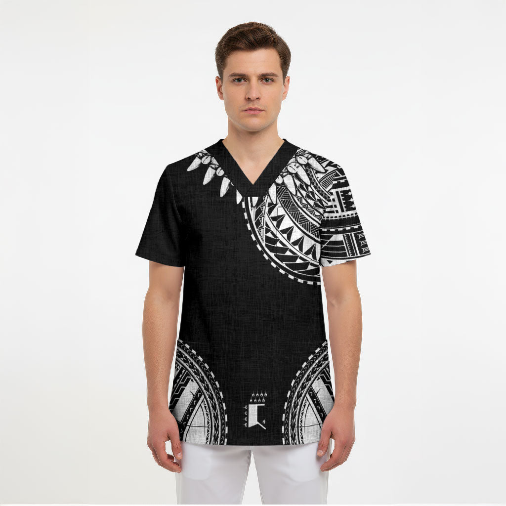 Polynesian Chief Inspired Costume Scrub Top Tribal Pattern With Tooth Necklace Black