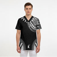 Polynesian Chief Inspired Costume Scrub Top Tribal Pattern With Tooth Necklace Black