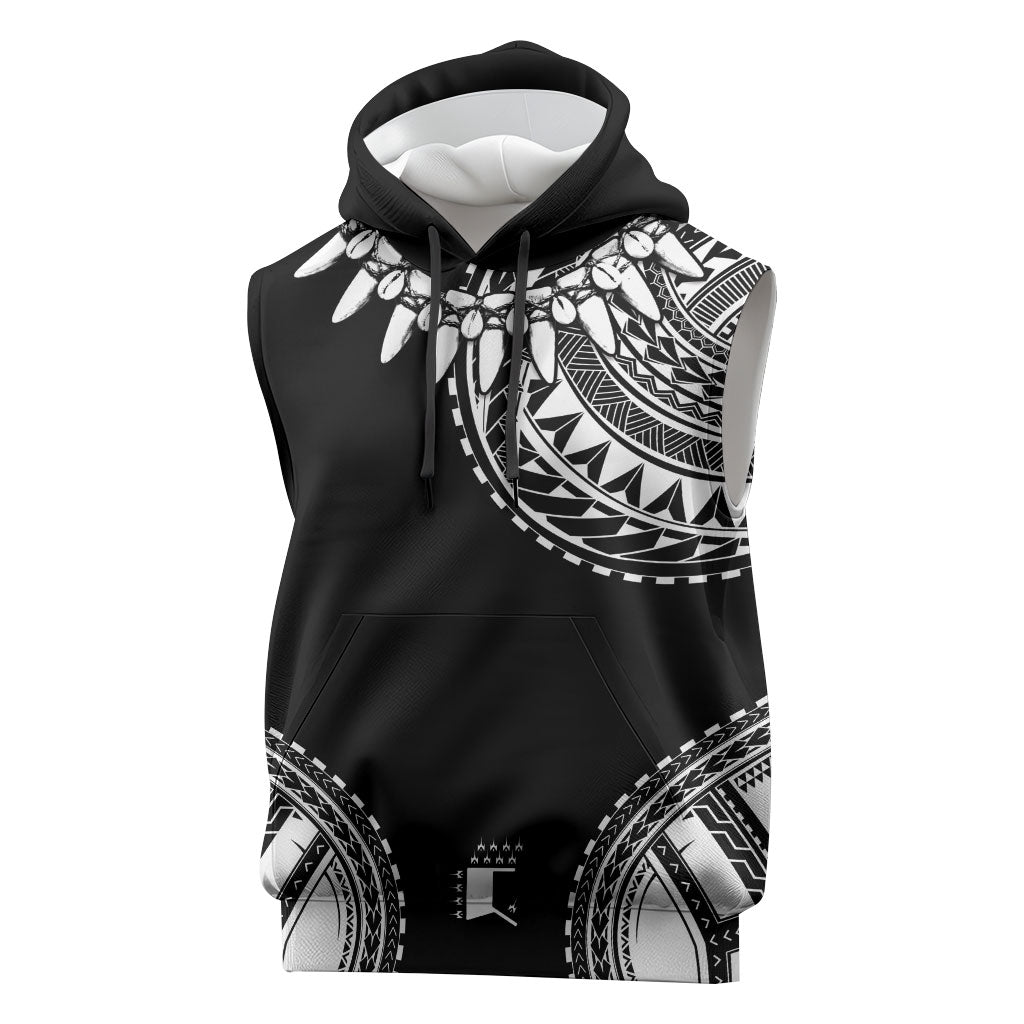Polynesian Chief Inspired Costume Sleeveless Hoodie Tribal Pattern With Tooth Necklace Black