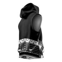 Polynesian Chief Inspired Costume Sleeveless Hoodie Tribal Pattern With Tooth Necklace Black