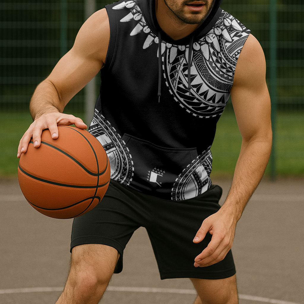 Polynesian Chief Inspired Costume Sleeveless Hoodie Tribal Pattern With Tooth Necklace Black