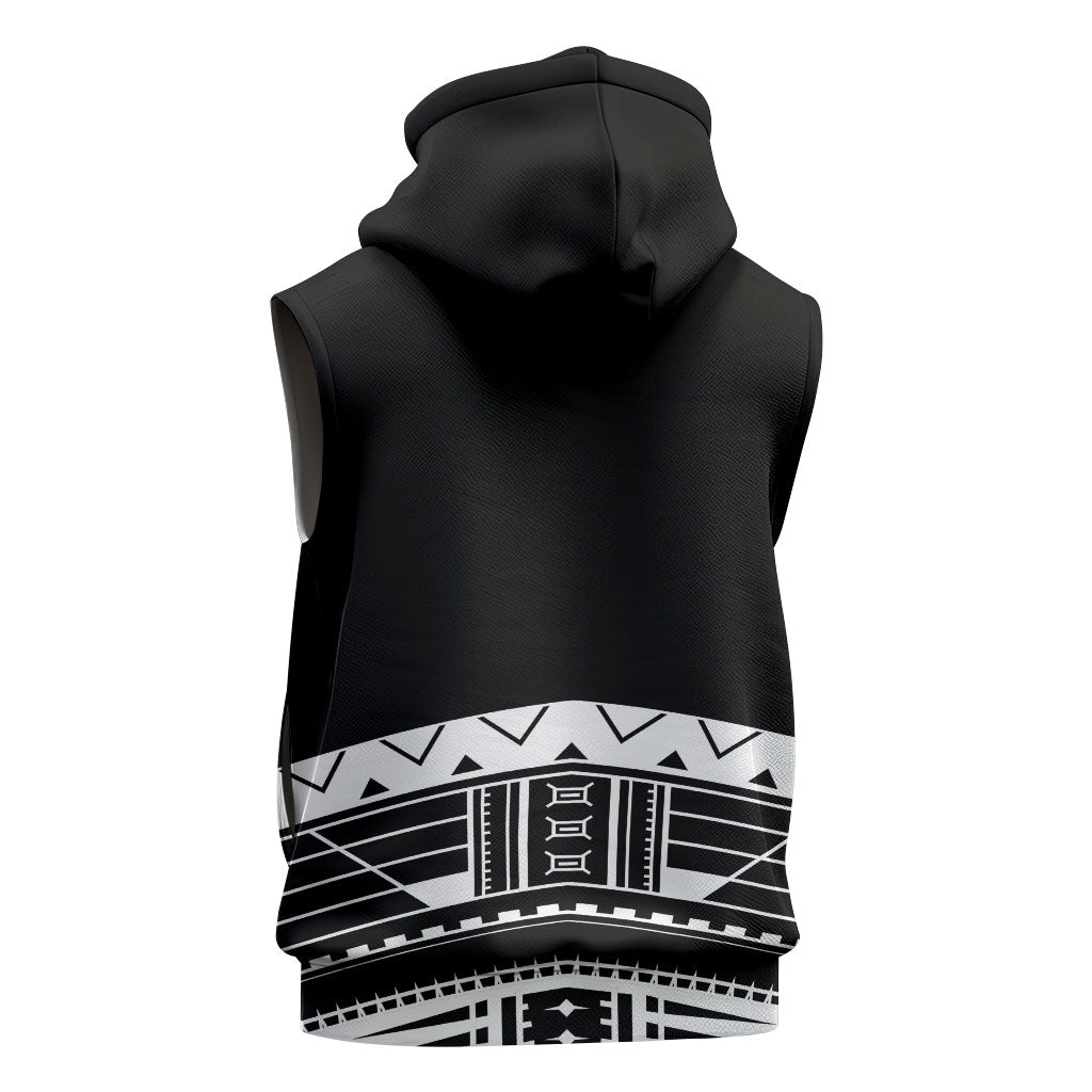 Polynesian Chief Inspired Costume Sleeveless Zip Hoodie Tribal Pattern With Tooth Necklace Black