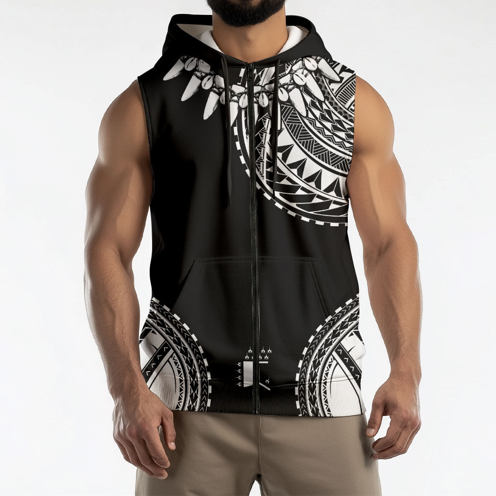 Polynesian Chief Inspired Costume Sleeveless Zip Hoodie Tribal Pattern With Tooth Necklace Black