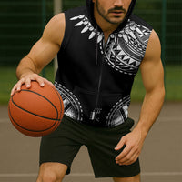 Polynesian Chief Inspired Costume Sleeveless Zip Hoodie Tribal Pattern With Tooth Necklace Black