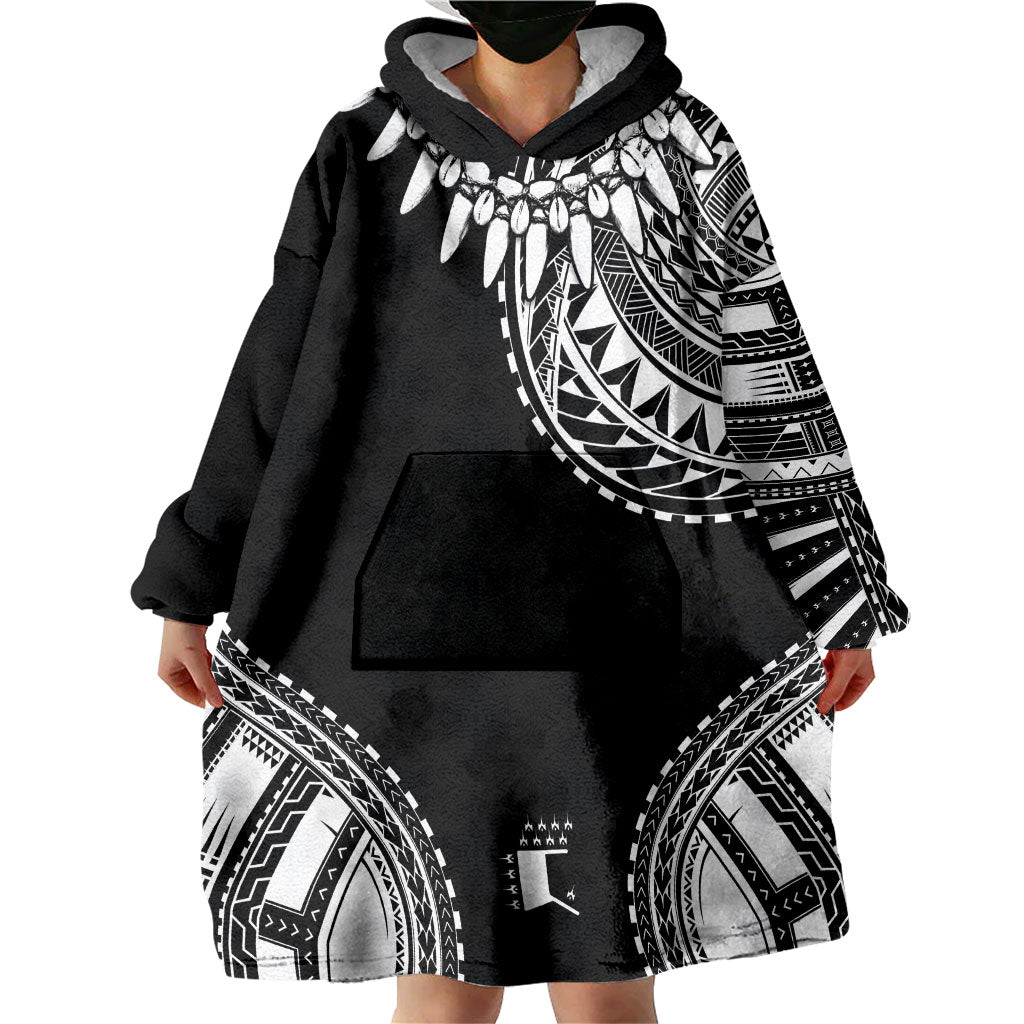 Polynesian Chief Inspired Costume Wearable Blanket Hoodie Tribal Pattern With Tooth Necklace Black