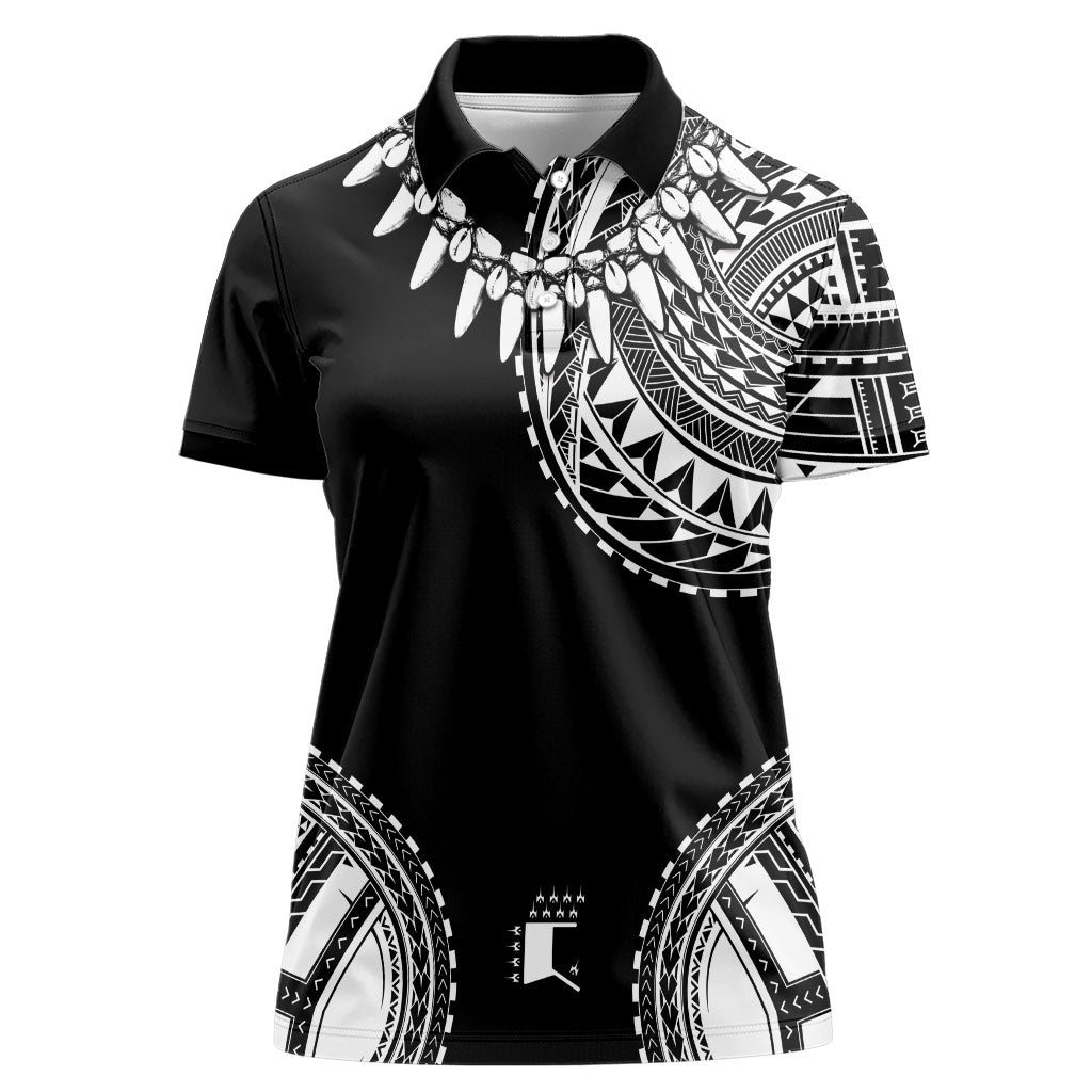 Polynesian Chief Inspired Costume Women Polo Shirt Tribal Pattern With Tooth Necklace Black