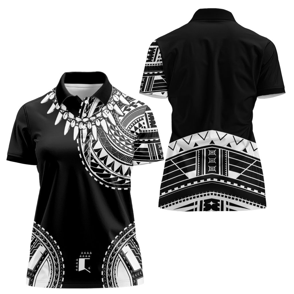 Polynesian Chief Inspired Costume Women Polo Shirt Tribal Pattern With Tooth Necklace Black