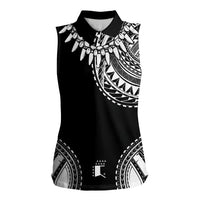 Polynesian Chief Inspired Costume Women Sleeveless Polo Shirt Tribal Pattern With Tooth Necklace Black