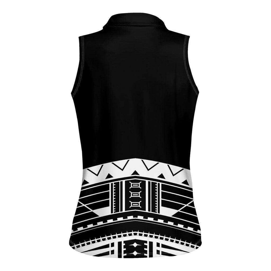 Polynesian Chief Inspired Costume Women Sleeveless Polo Shirt Tribal Pattern With Tooth Necklace Black
