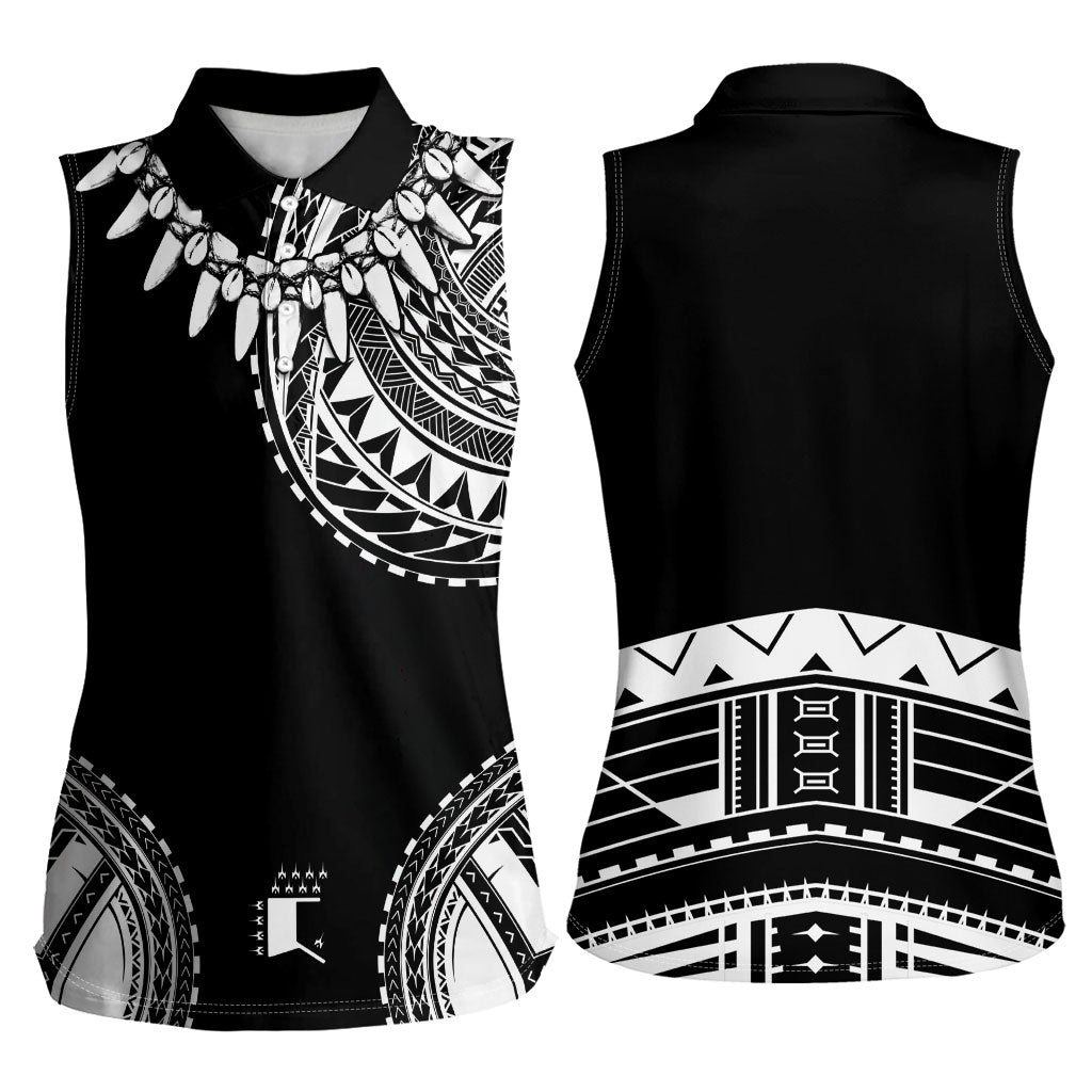 Polynesian Chief Inspired Costume Women Sleeveless Polo Shirt Tribal Pattern With Tooth Necklace Black