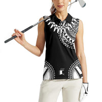 Polynesian Chief Inspired Costume Women Sleeveless Polo Shirt Tribal Pattern With Tooth Necklace Black