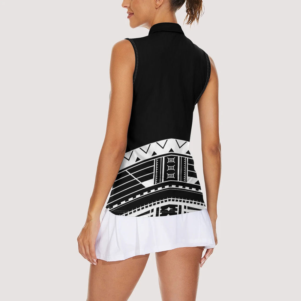 Polynesian Chief Inspired Costume Women Sleeveless Polo Shirt Tribal Pattern With Tooth Necklace Black