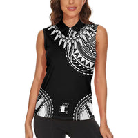 Polynesian Chief Inspired Costume Women Sleeveless Polo Shirt Tribal Pattern With Tooth Necklace Black