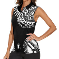 Polynesian Chief Inspired Costume Women Sleeveless Polo Shirt Tribal Pattern With Tooth Necklace Black