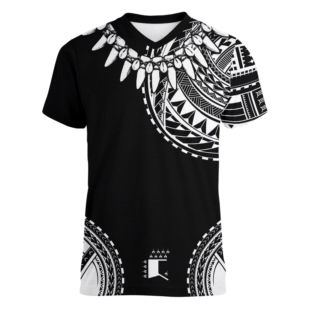 Polynesian Chief Inspired Costume Women V-Neck T-Shirt Tribal Pattern With Tooth Necklace Black