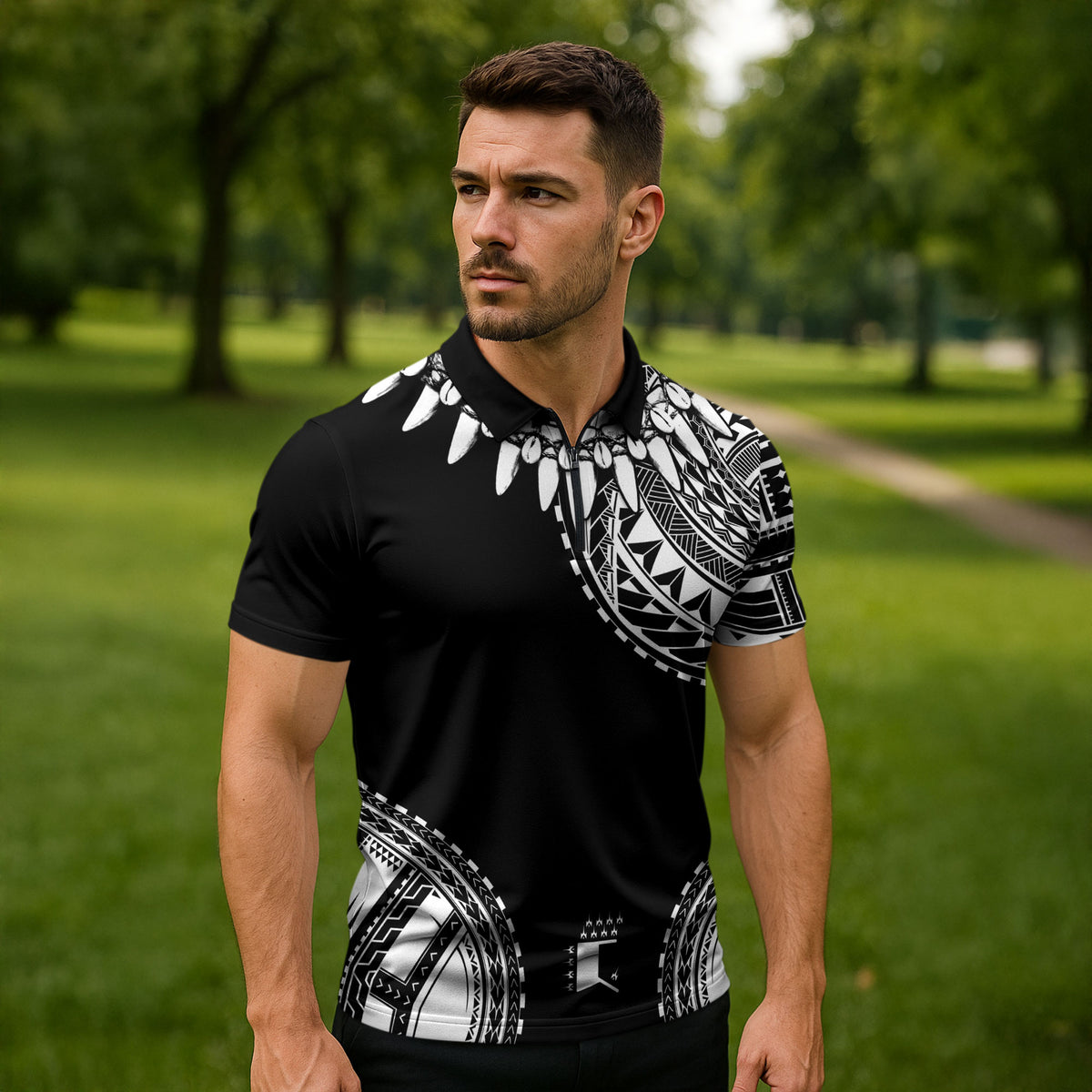 Polynesian Chief Inspired Costume Zipper Polo Shirt Tribal Pattern With Tooth Necklace Black