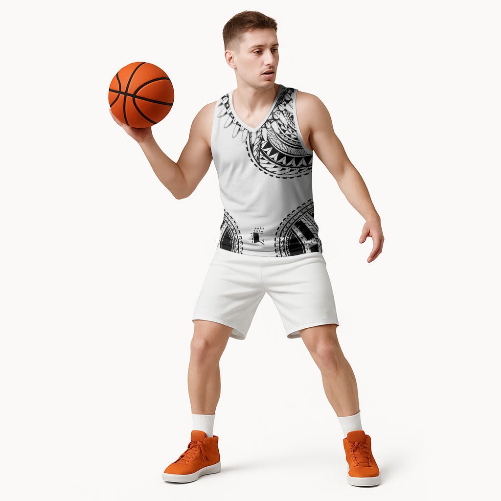Polynesian Chief Inspired Costume Basketball Jersey Tribal Pattern With Tooth Necklace White