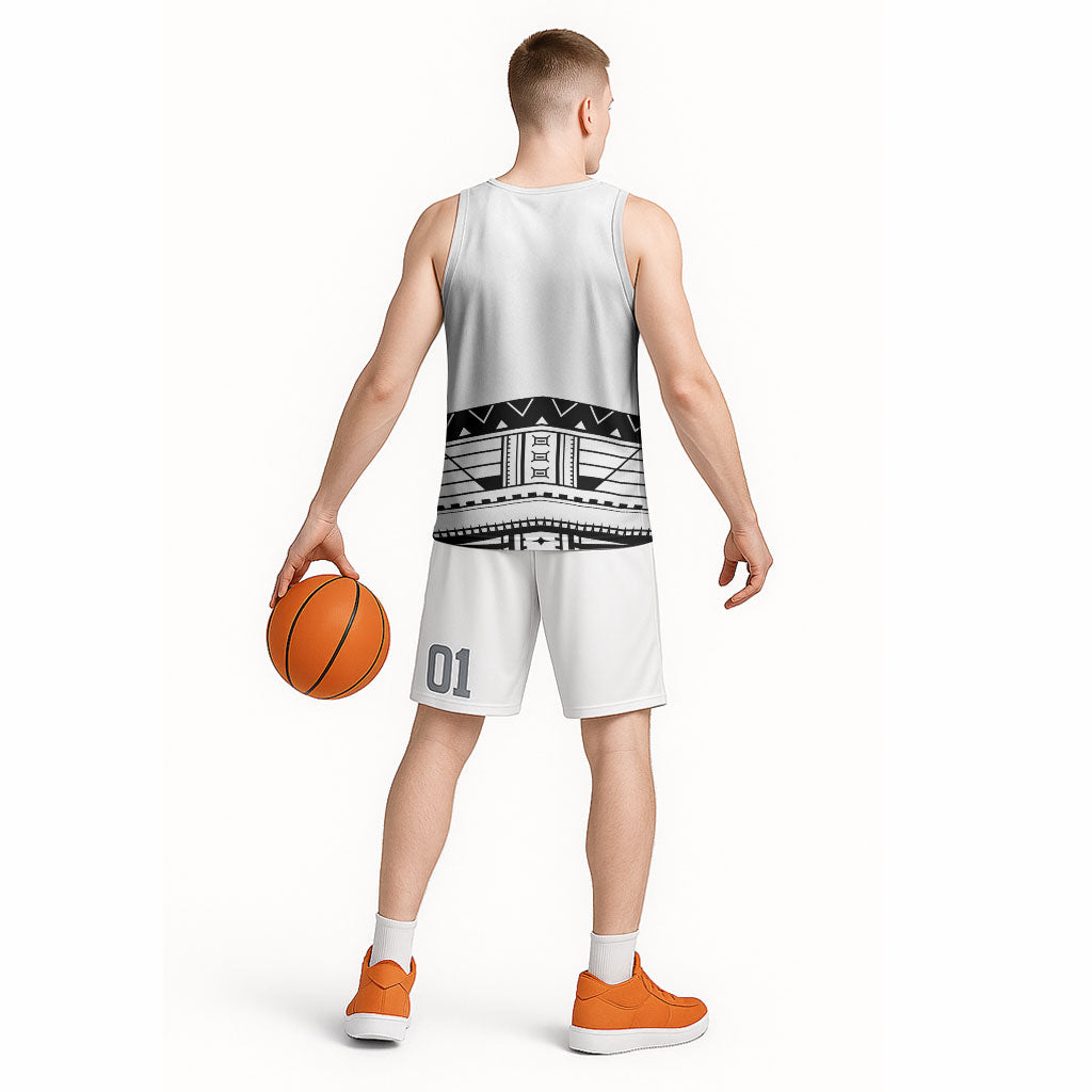 Polynesian Chief Inspired Costume Basketball Jersey Tribal Pattern With Tooth Necklace White