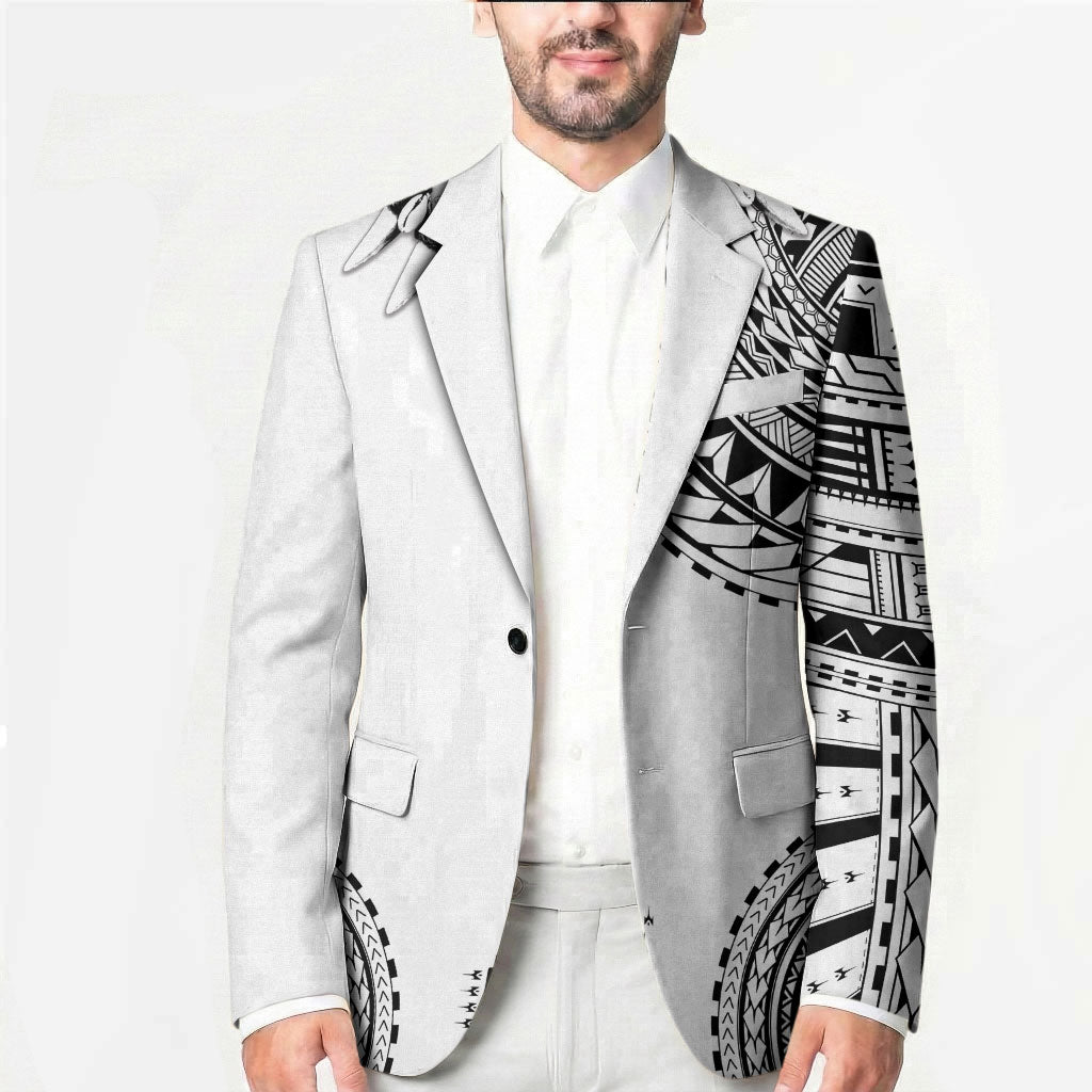 Polynesian Chief Inspired Costume Blazer Tribal Pattern With Tooth Necklace White