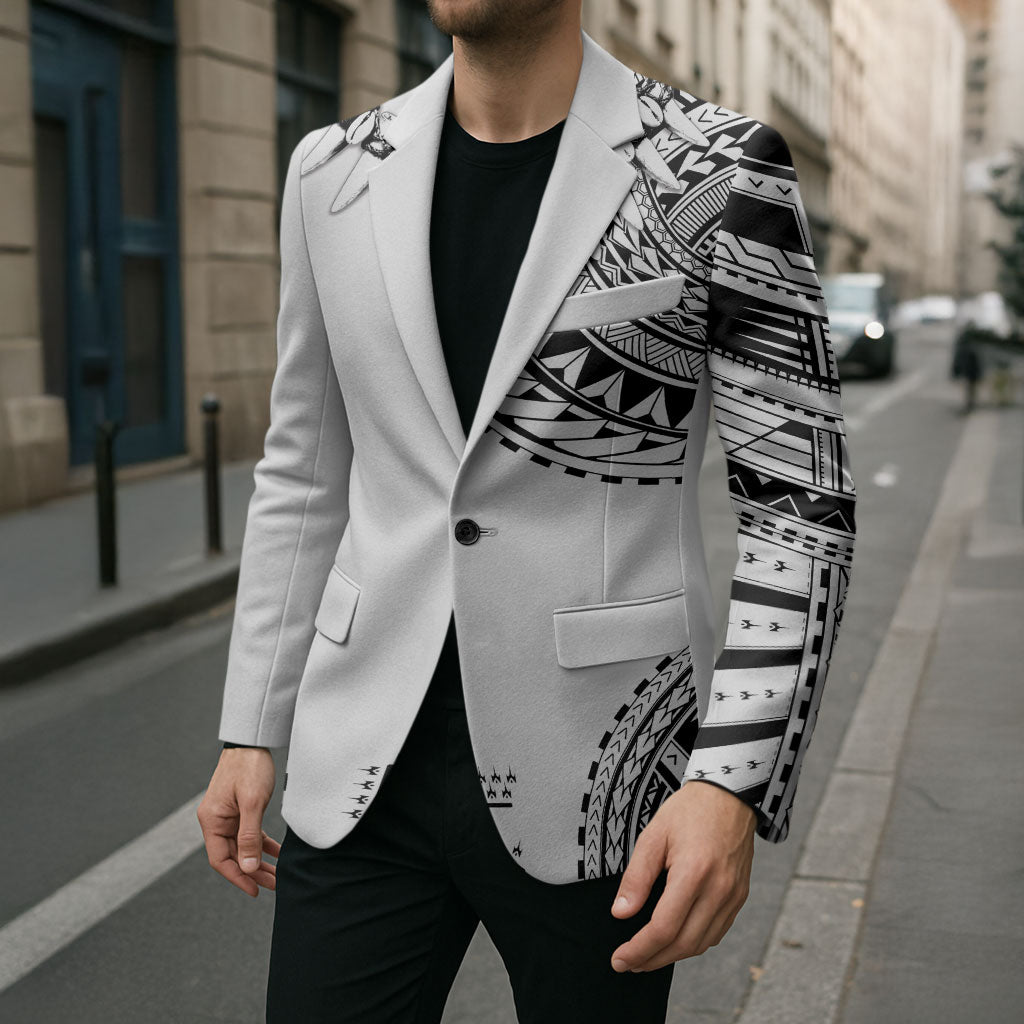 Polynesian Chief Inspired Costume Blazer Tribal Pattern With Tooth Necklace White