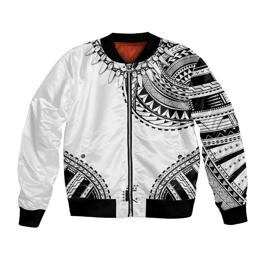 Polynesian Chief Inspired Costume Bomber Jacket Tribal Pattern With Tooth Necklace White