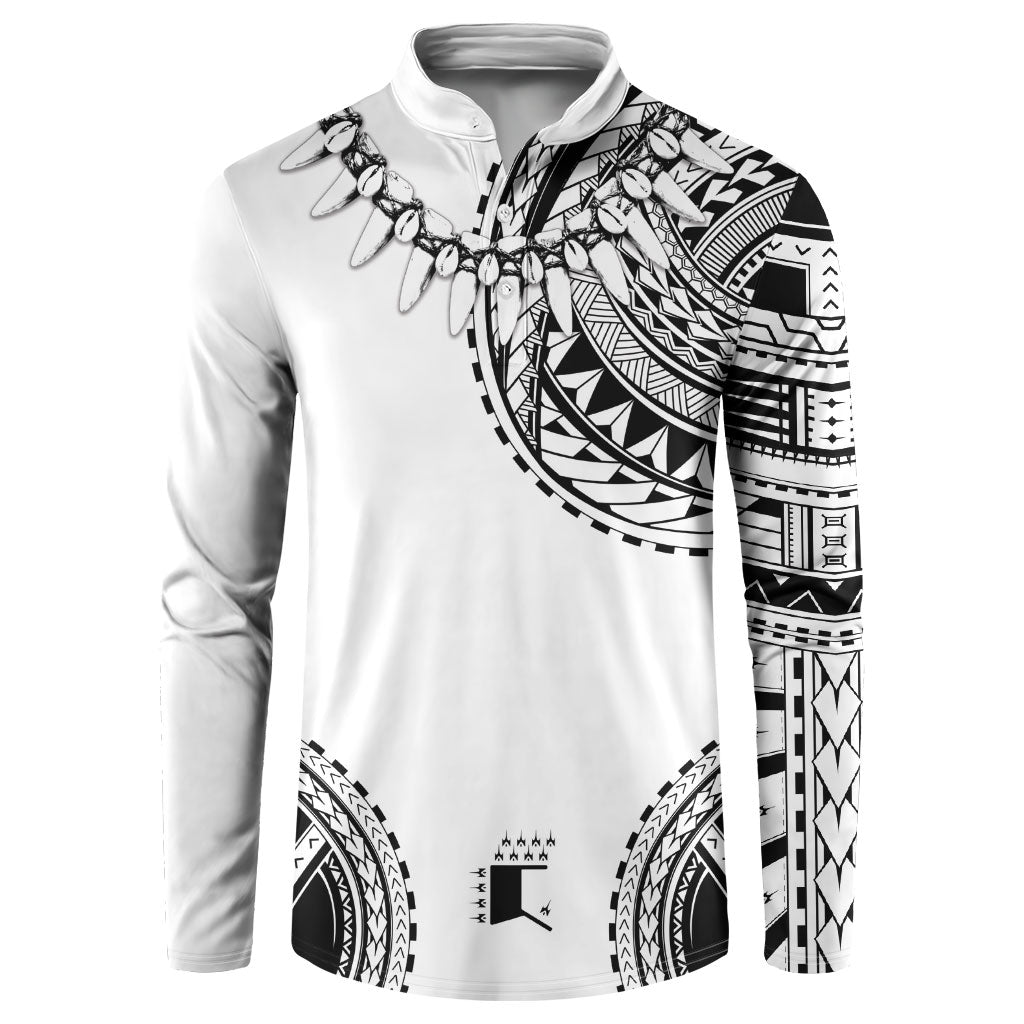 Polynesian Chief Inspired Costume Button Sweatshirt Tribal Pattern With Tooth Necklace White