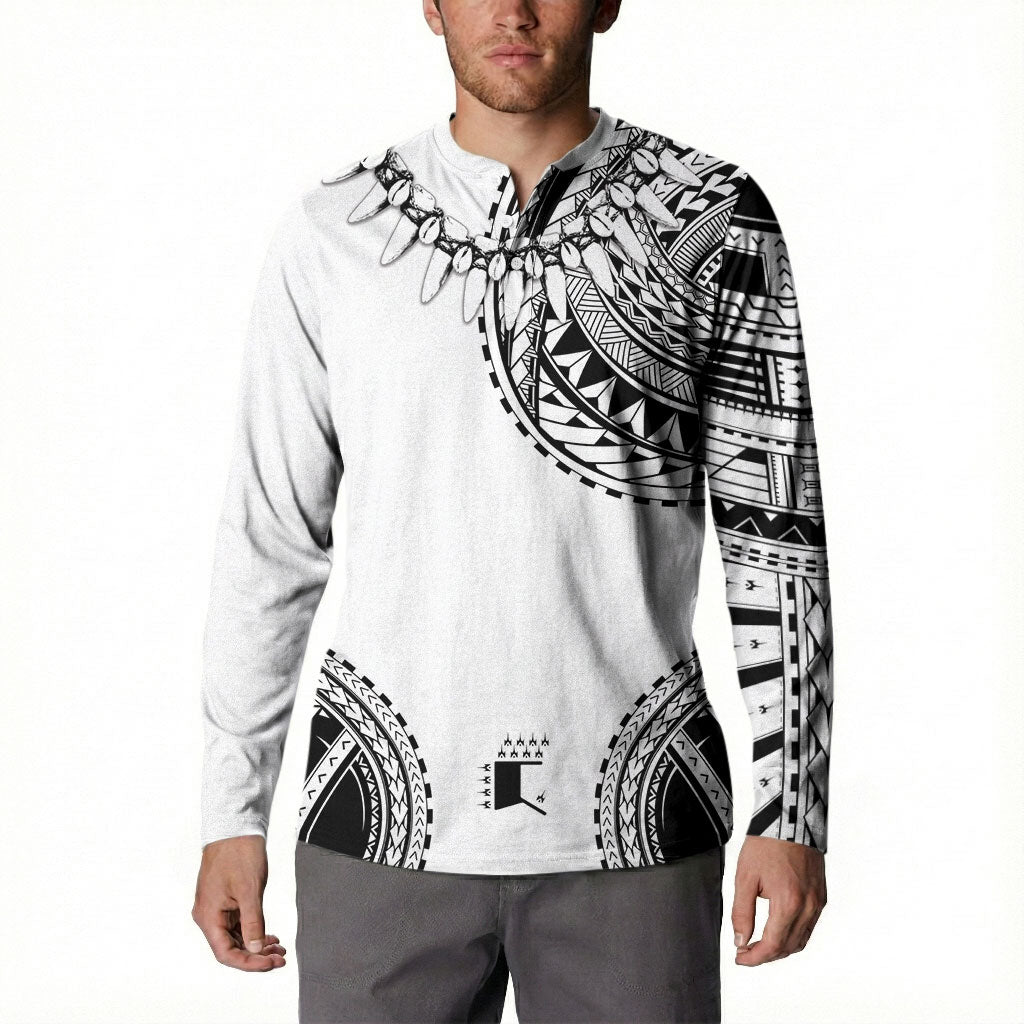 Polynesian Chief Inspired Costume Button Sweatshirt Tribal Pattern With Tooth Necklace White
