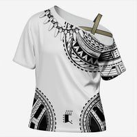Polynesian Chief Inspired Costume Cross Shoulder Shirt Tribal Pattern With Tooth Necklace White