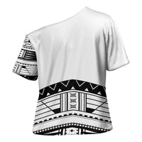 Polynesian Chief Inspired Costume Cross Shoulder Shirt Tribal Pattern With Tooth Necklace White