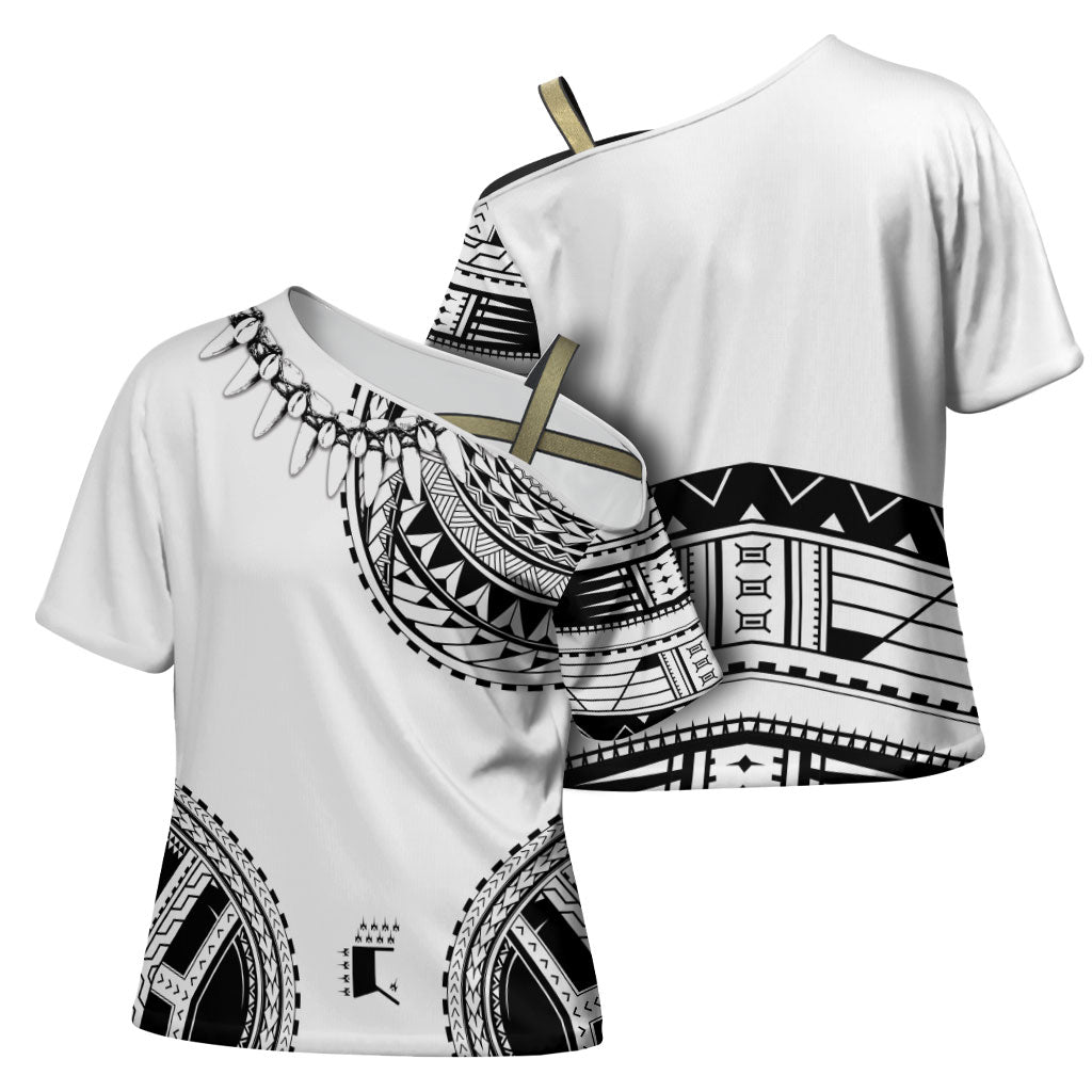 Polynesian Chief Inspired Costume Cross Shoulder Shirt Tribal Pattern With Tooth Necklace White