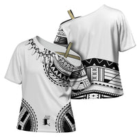 Polynesian Chief Inspired Costume Cross Shoulder Shirt Tribal Pattern With Tooth Necklace White
