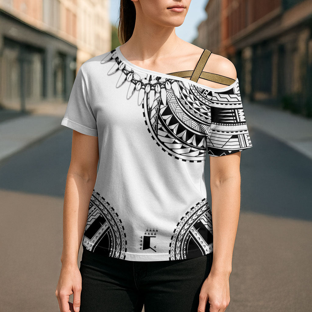 Polynesian Chief Inspired Costume Cross Shoulder Shirt Tribal Pattern With Tooth Necklace White