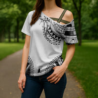 Polynesian Chief Inspired Costume Cross Shoulder Shirt Tribal Pattern With Tooth Necklace White