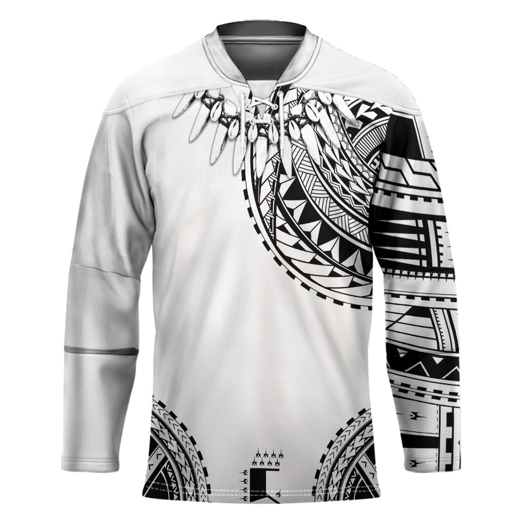Polynesian Chief Inspired Costume Hockey Jersey Tribal Pattern With Tooth Necklace White
