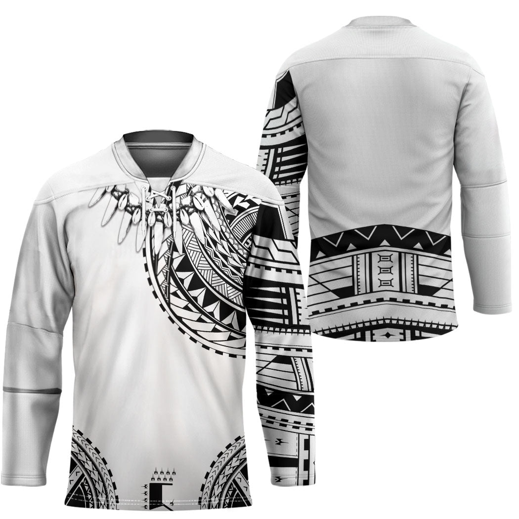 Polynesian Chief Inspired Costume Hockey Jersey Tribal Pattern With Tooth Necklace White