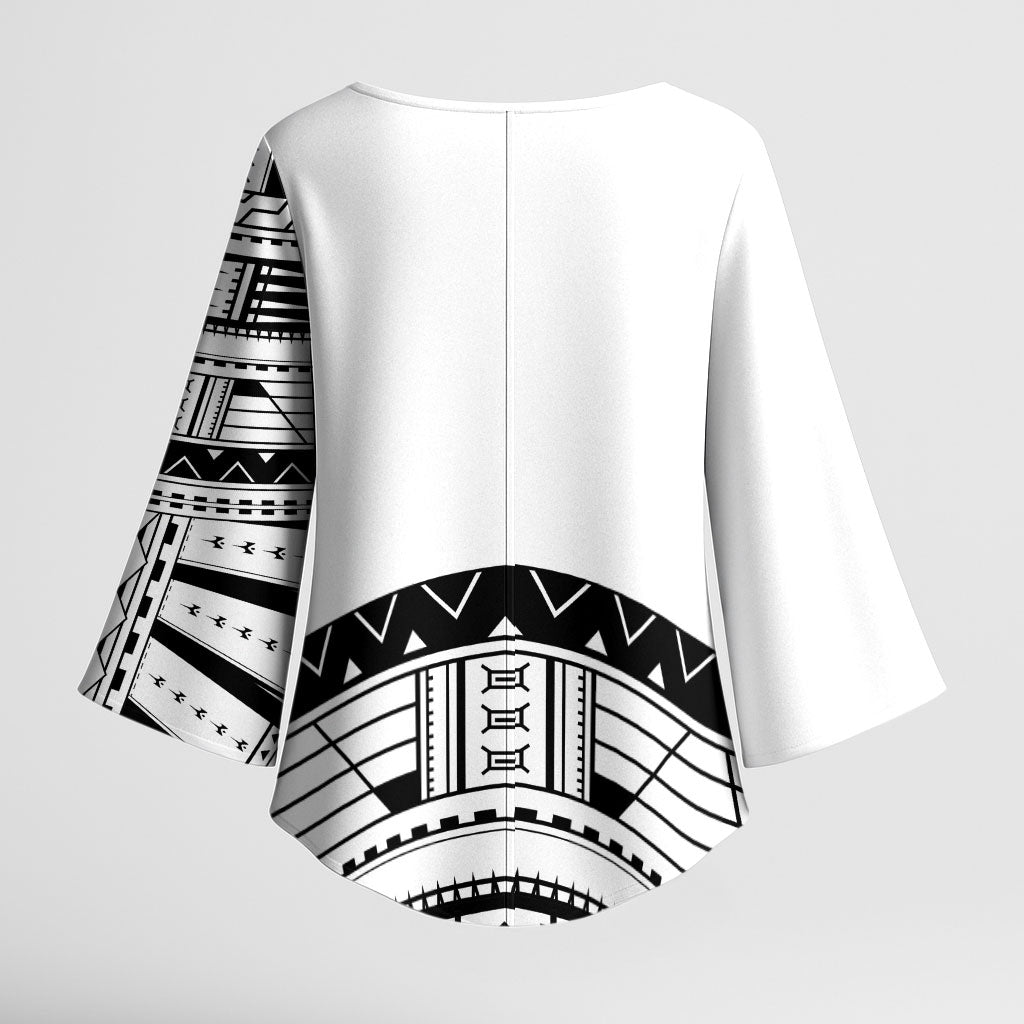 Polynesian Chief Inspired Costume Kimono Sleeve Blouse Tribal Pattern With Tooth Necklace White