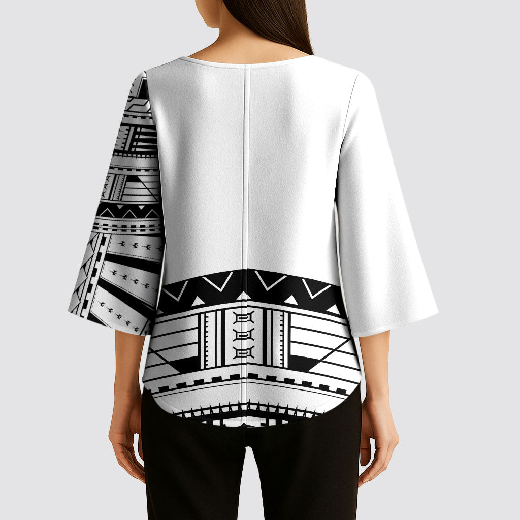 Polynesian Chief Inspired Costume Kimono Sleeve Blouse Tribal Pattern With Tooth Necklace White
