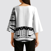 Polynesian Chief Inspired Costume Kimono Sleeve Blouse Tribal Pattern With Tooth Necklace White