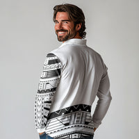 Polynesian Chief Inspired Costume Long Sleeve Polo Shirt Tribal Pattern With Tooth Necklace White