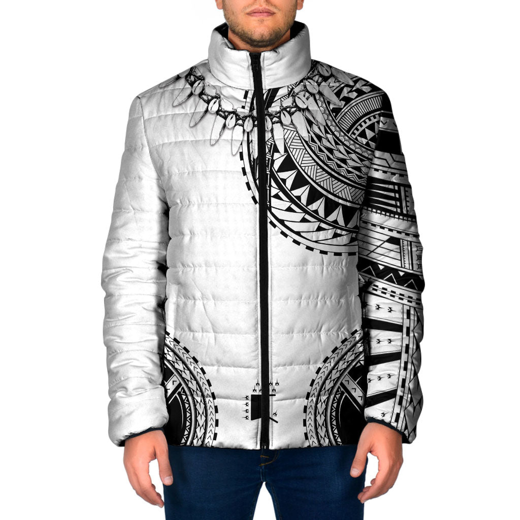 Polynesian Chief Inspired Costume Padded Jacket Tribal Pattern With Tooth Necklace White